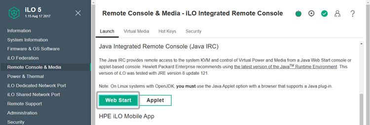 Remote Console & Media Screen HPE iLO