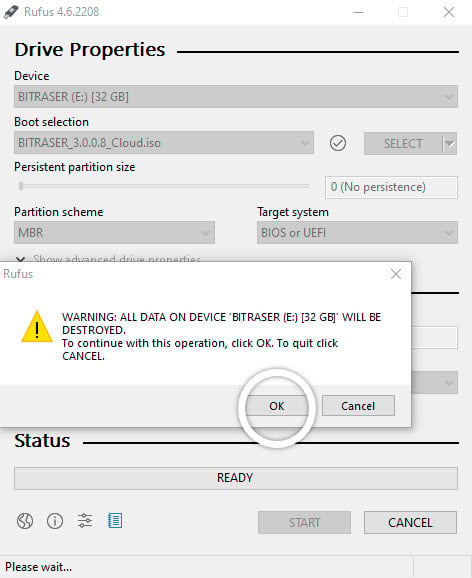 Click OK in the Rufus Alert Window