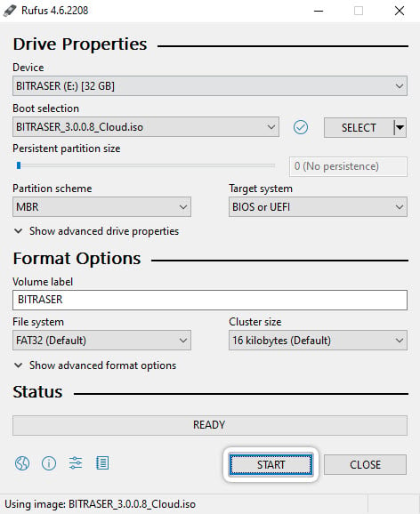 Create a BitRaser Bootable USB Using Rufus