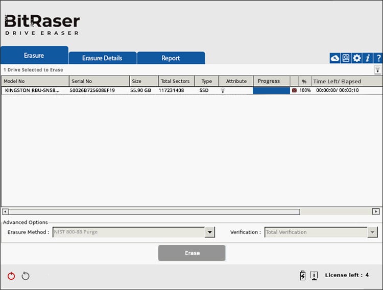 BitRaser Drive Eraser erasure process completion screen