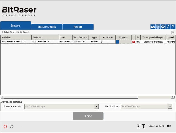 BitRaser NVMe Drive Erasure Progress Screen