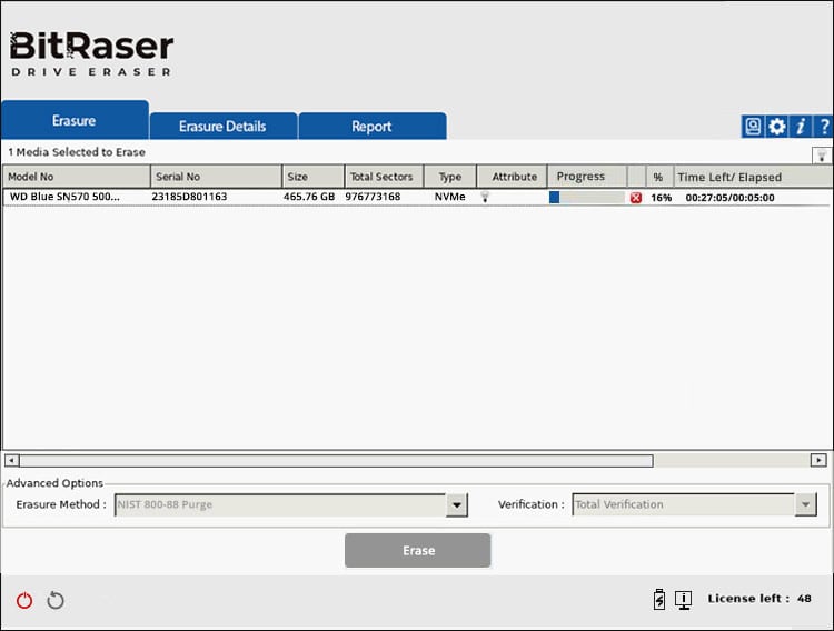 BitRaser Drive Eraser Offline Variant Erasure Progress Screen