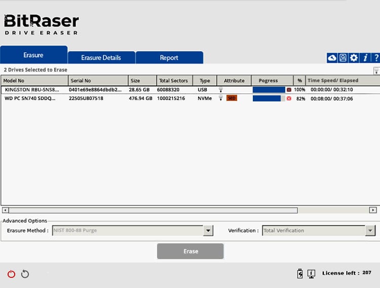 Erasure Progress Screen BitRaser Drive Eraser