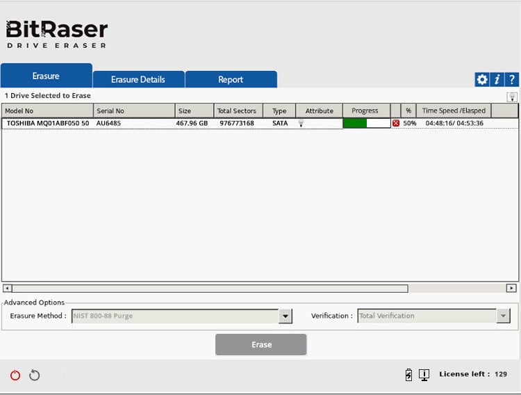 BitRaser Erasure progress screen with the progress bar at 50%