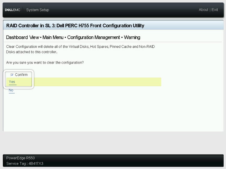 Clear Configuration Confirmation Warning Screen