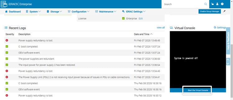 Virtual Console Section on iDRAC Dashboard