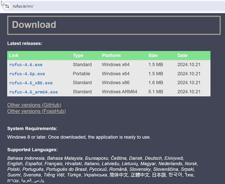 Image shows download options of rufus executable file according to size, type, and platform on the home page of rufus.