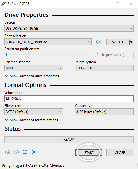 Rufus window showing BitRaser Cloud ISO in the boot selection; START button highlighted by a white outlined circle. 