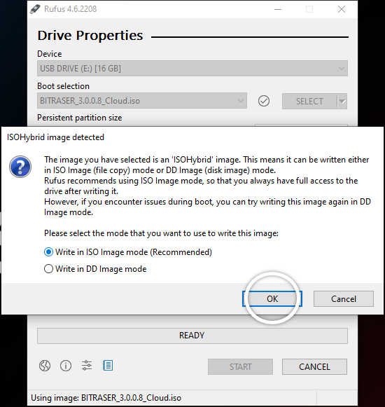 ISO hybrid image detected dialog box open on top of the rufus window. First recommended option - write in ISO image mode - is selected by default. OK button highlighted by white outlined circle