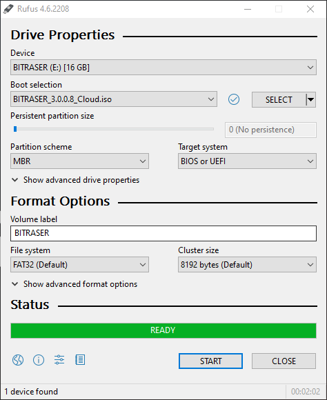 Status is being displayed as READY in the rufus window indicating that the USB is now BitRaser bootable. 