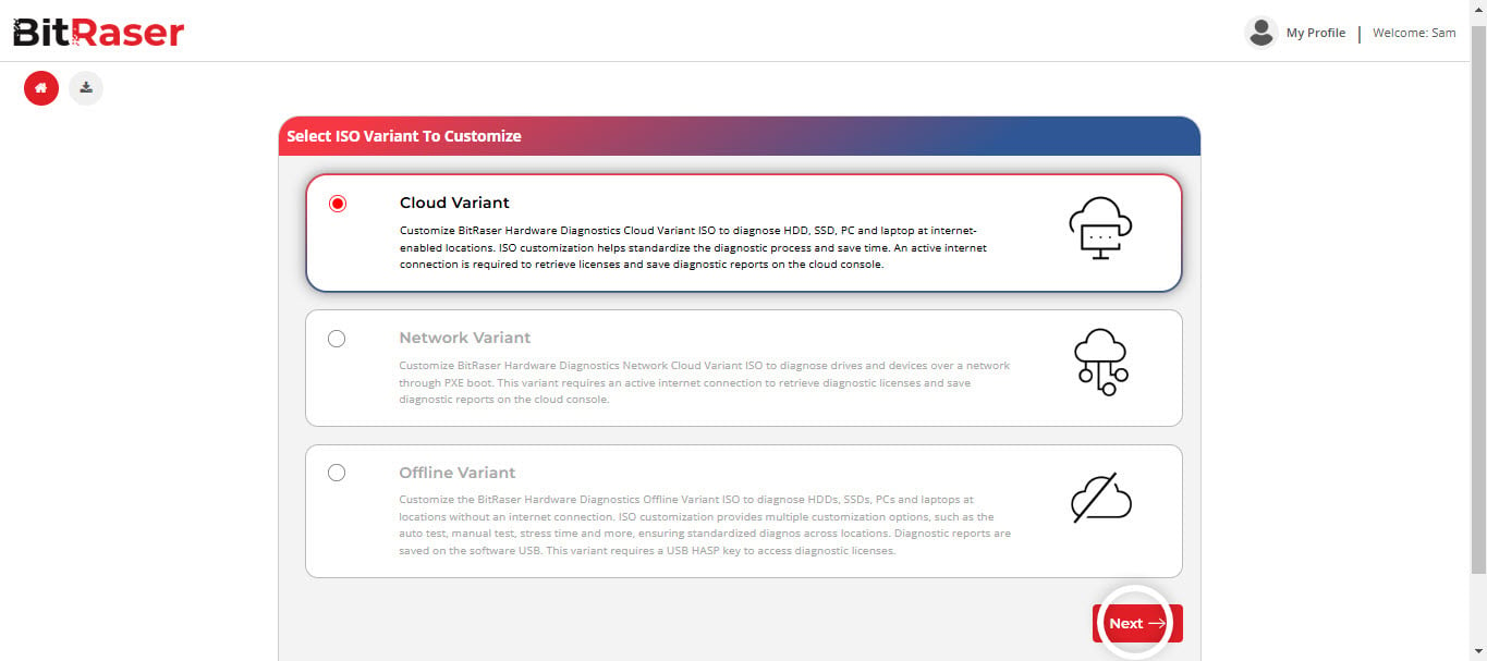 BitRaser Hardware Diagnostics Select ISO Variant Screen