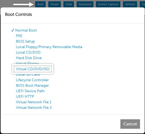 Boot Control Screen Virtual CD/DVD/ISO highlighted