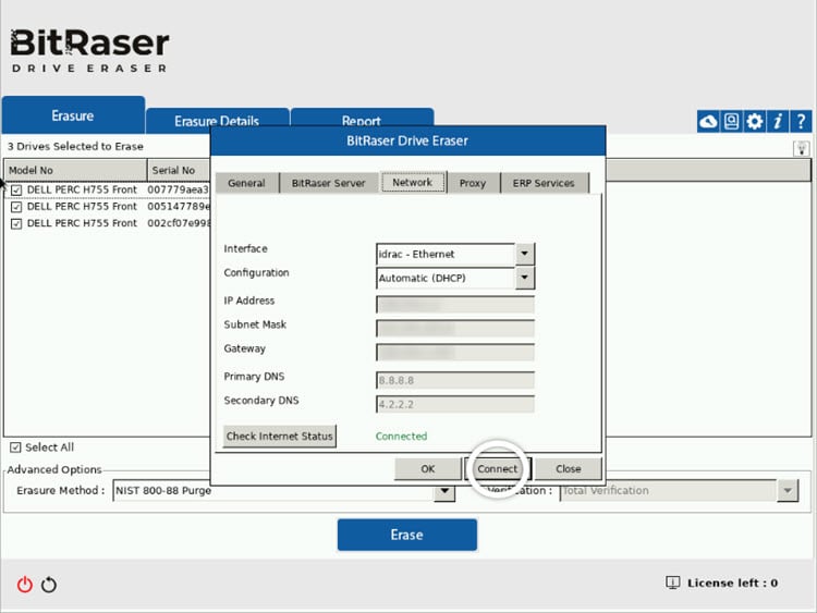 BitRaser Drive Eraser Connect to Network Screen