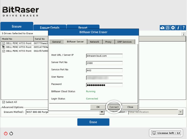 Connect to BitRaser Server Screen BitRaser Drive Eraser Network