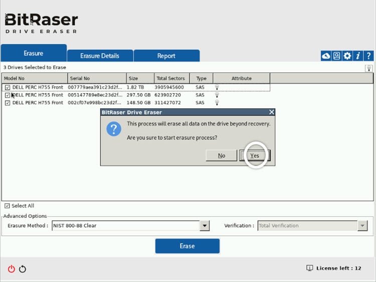 BitRaser Drive Eraser Network Confirm Erasure Screen