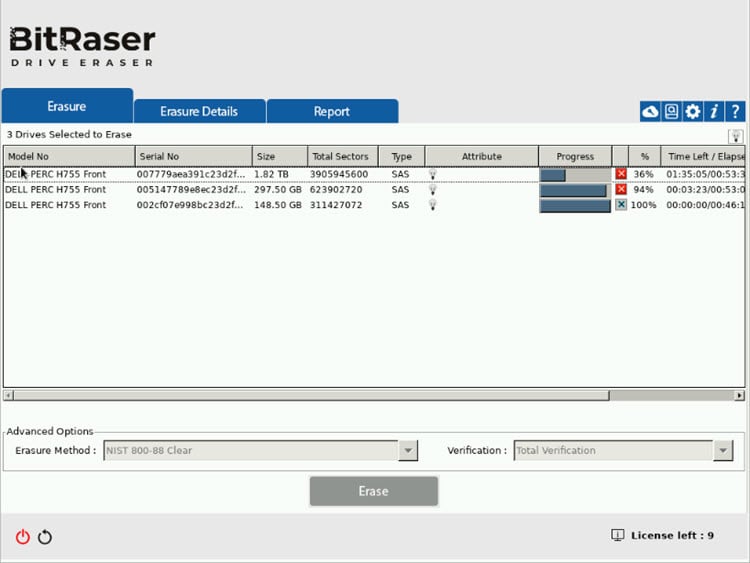 BitRaser Drive Eraser Network Erasure Progress Screen